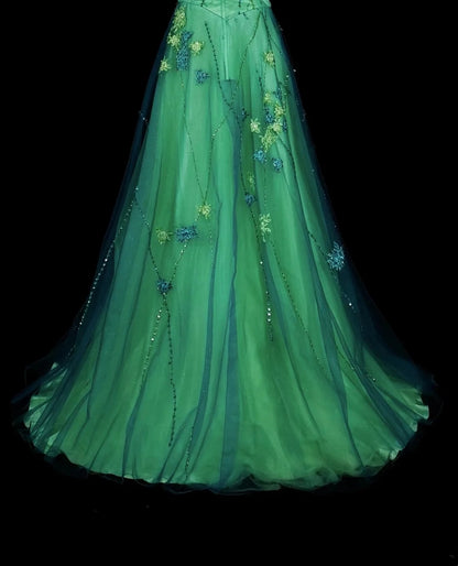 Vintage A-Linie Sweetheart Grün Tüll Mit Perlen Edelsteinkristallen Abendkleid Lang Ballkleider N2699