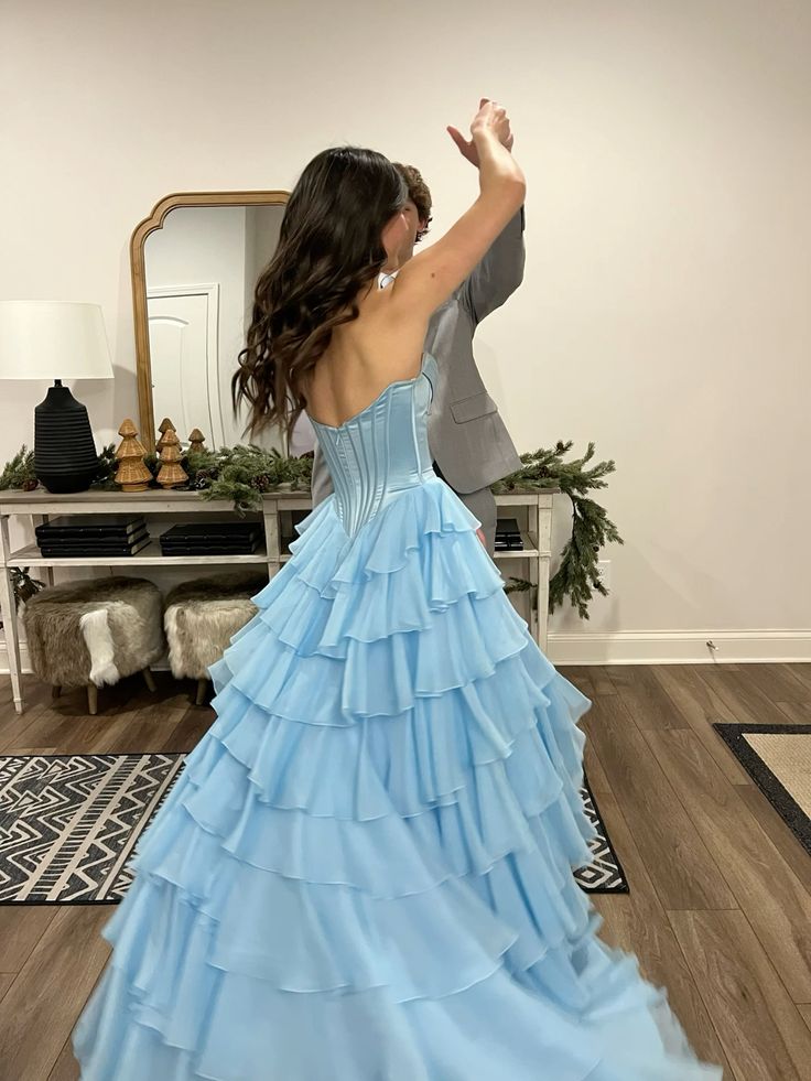 Classy Ball Gown Sweetheart Light Blue Chiffon With Slit Split Long Prom Dress Aesthetic For Teens Formal Party Outfits Prom Gowns AB1098