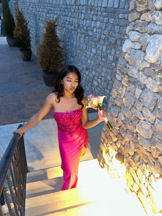 Elegantes, trägerloses Meerjungfrauen-Abendkleid aus rosa Pailletten und Spitze mit Perlenbesatz, AB1108