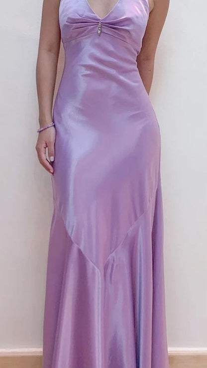Vintage Meerjungfrauen-Neckholder-Kleid aus lila Satin, Abendkleid, lange Ballkleider N2751