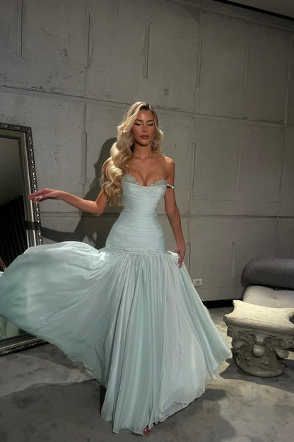 Romantisches schulterfreies Chiffon-Abendkleid, ärmellos, mit Perlen und Falten, Abschlusskleid N898