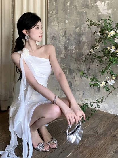 Elegant White One Shoulder Sheath Chiffon Short Birthday Party Dress RF01004
