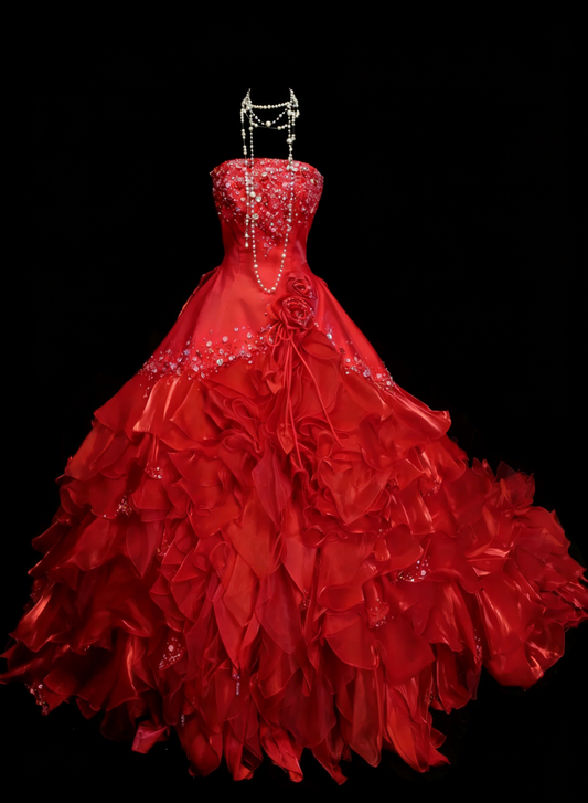 Vintage Ball Gown Strapless Red Satin With Layers Tiered Sweet 16 Dresses Quinceanera Dress Long 15 Vestidos De Fiesta N1446