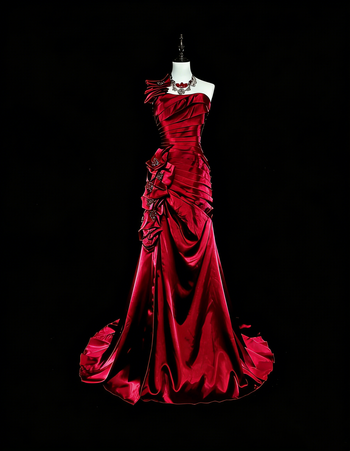 Vintage Meerjungfrauen-Abschlussballkleider One Shoulder Dunkelburgunder Satin mit Perlenstickerei 90er Jahre Langes Abendkleid N2710