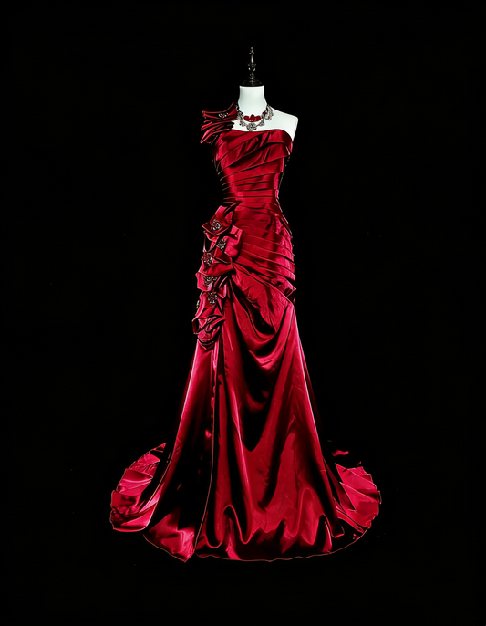 Vintage Prom Dresses Mermaid One Shoulder Dark Burgundy Satin With Beading 1990s Long Formal Gown N2710