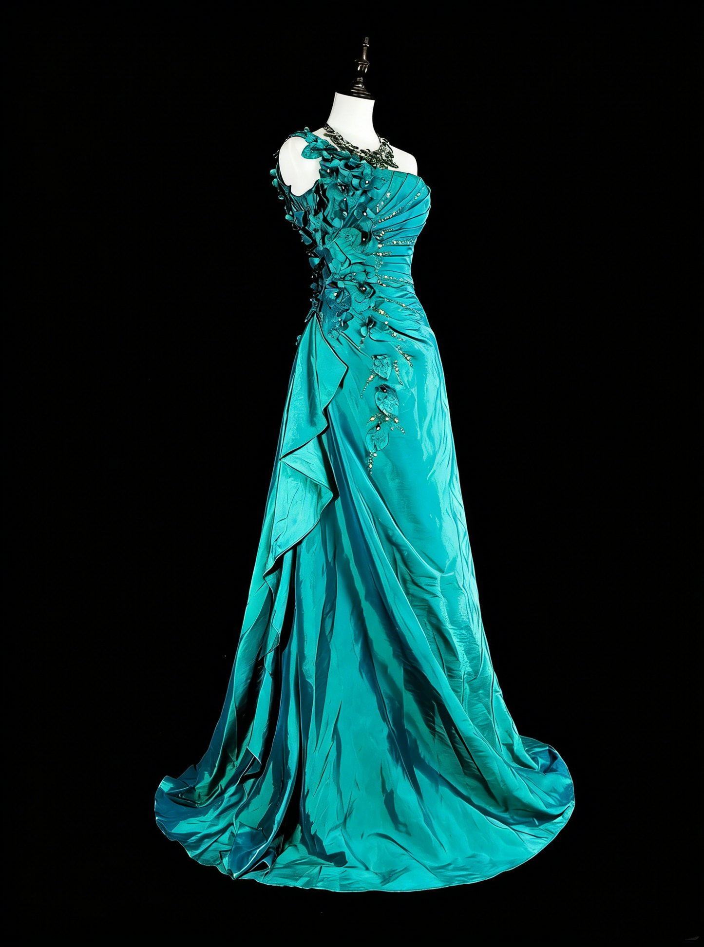 Vintage Meerjungfrauen-Abendkleid, schulterfrei, grün, 70er Jahre, mit Falten und Perlen, langes Ballkleid, Partykleid N1838