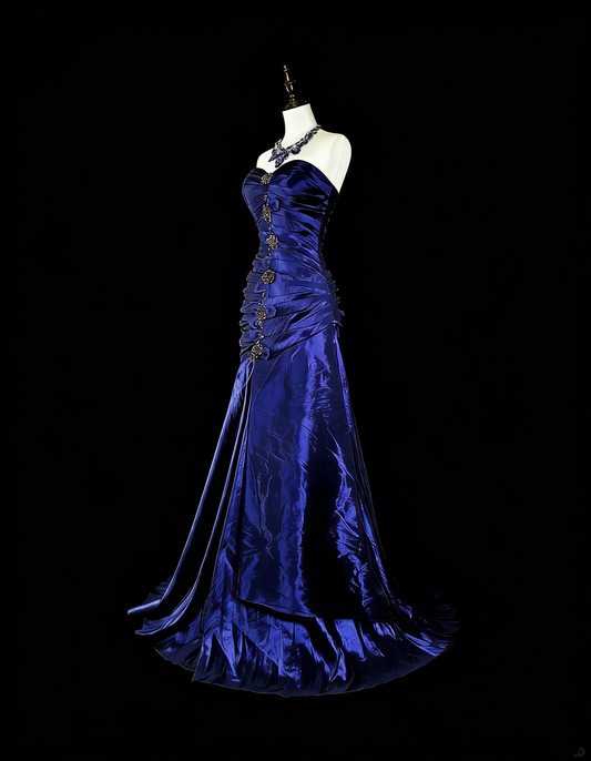 Vintage 1760s Mermaid Sweetheart Royal Blue With Satin Pleated Long Prom Dresses N1605