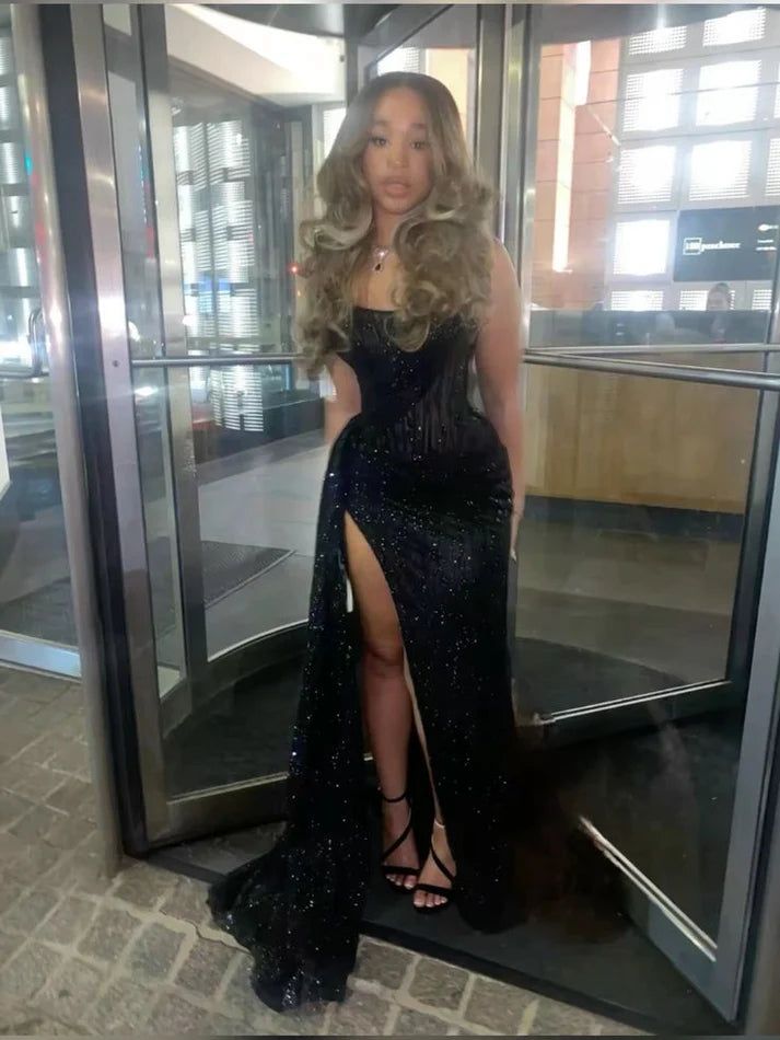 Glitzerndes trägerloses nachtblaues langes Partykleid, Ballkleid, Pailletten-Meerjungfrau, figurbetont für Damen N4092