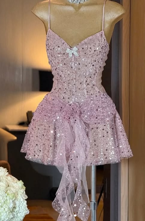 Pink Spaghetti Strap 16th Birthday Dress Glitter Sequin A-Line Homecoming Dresses N4737