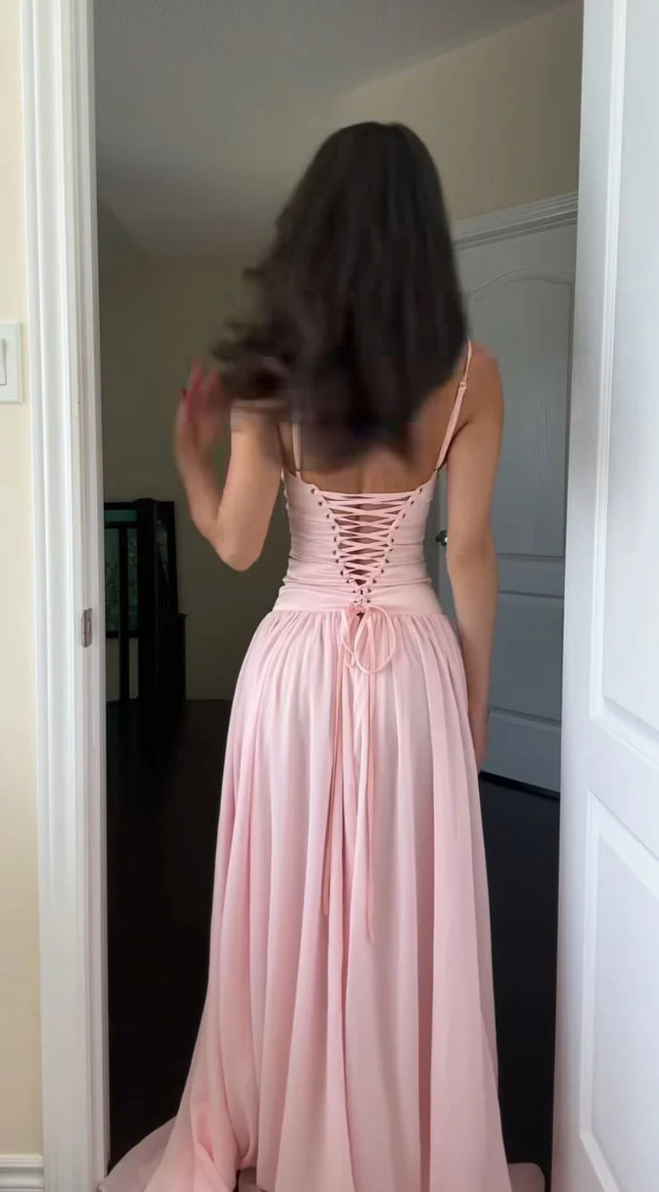 Elegant Mermaid Spaghetti Straps Chiffon Pink Long Prom Dresses Formal Party Gowns Vestidos De Dia AB565