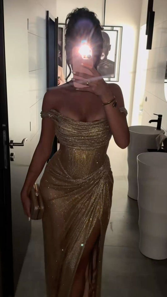 Sexy Mermaid Off The Shoulder Gold Sequin With Split Beaded Prom Dresses Long Evening Formal Gown Wedding Party Gowns N364