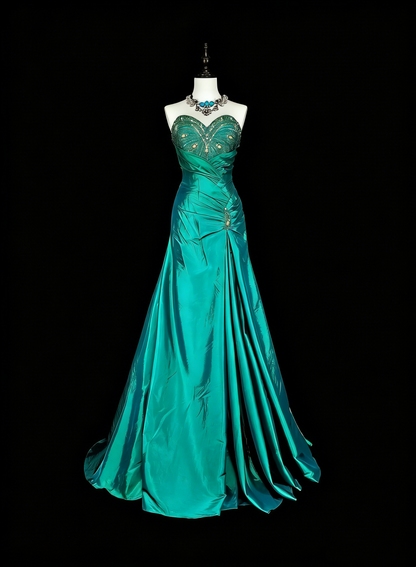 Vintage Meerjungfrauen-Abendkleid, dunkelgrün, 70er Jahre, mit plissierten Perlen, langes Ballkleid, Partykleid N1839