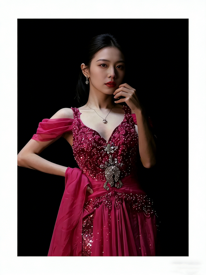 Elegantes Meerjungfrauen-Kleid aus pinkfarbenem Chiffon mit perlenbesetztem Oberteil – langes Ballkleid für Teenager (N1190)