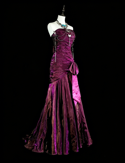 Robes de Bal Vintage Sirène Bustier Satin Violet Plissé Années 90 Longue Robe de Soirée Formale N2711