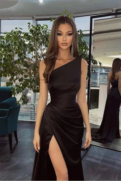 Robe de bal sirène noire longue et simple à une épaule fendue, tenue pour un 18e anniversaire AB2393