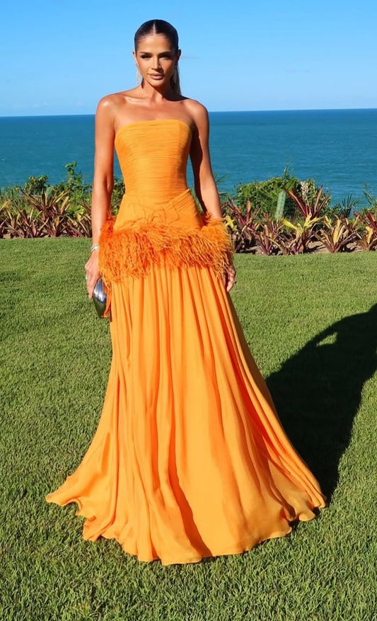 Elegant A line Prom Dresses With Feathers Chiffon Pleated Ruffle Strapless Orange Formal Evening Dress Party Gowns AB413