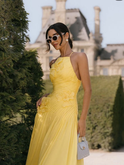 Robe de bal jaune élégante, coupe trapèze, dos nu, en mousseline plissée à volants, robe de soirée formelle AB416