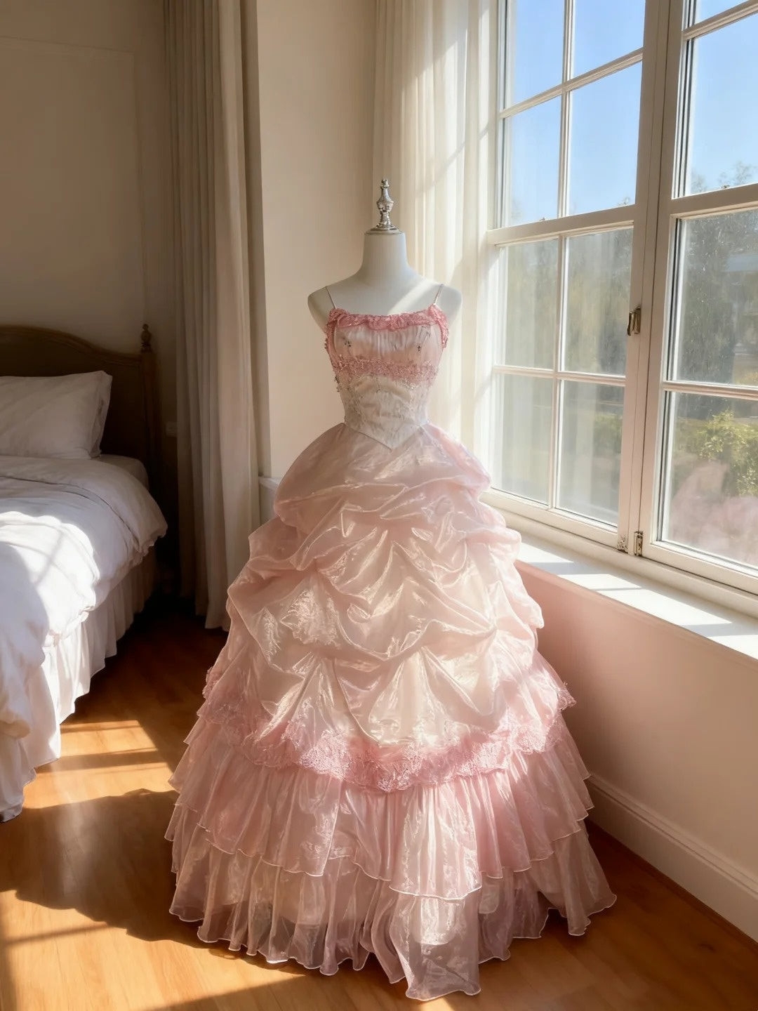 Verspieltes Ballkleid mit Spaghettiträgern, pink, weit ausgestellter Rock, Quinceañera-Kleid, langes Sweet-15-Kleid, Vestido de princesa RB4505