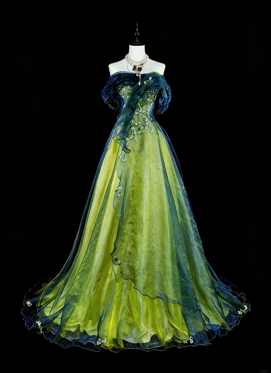 Robe de bal vintage sans bretelles, en tulle vert et noir, style années 80, longue robe de soirée formelle N1466