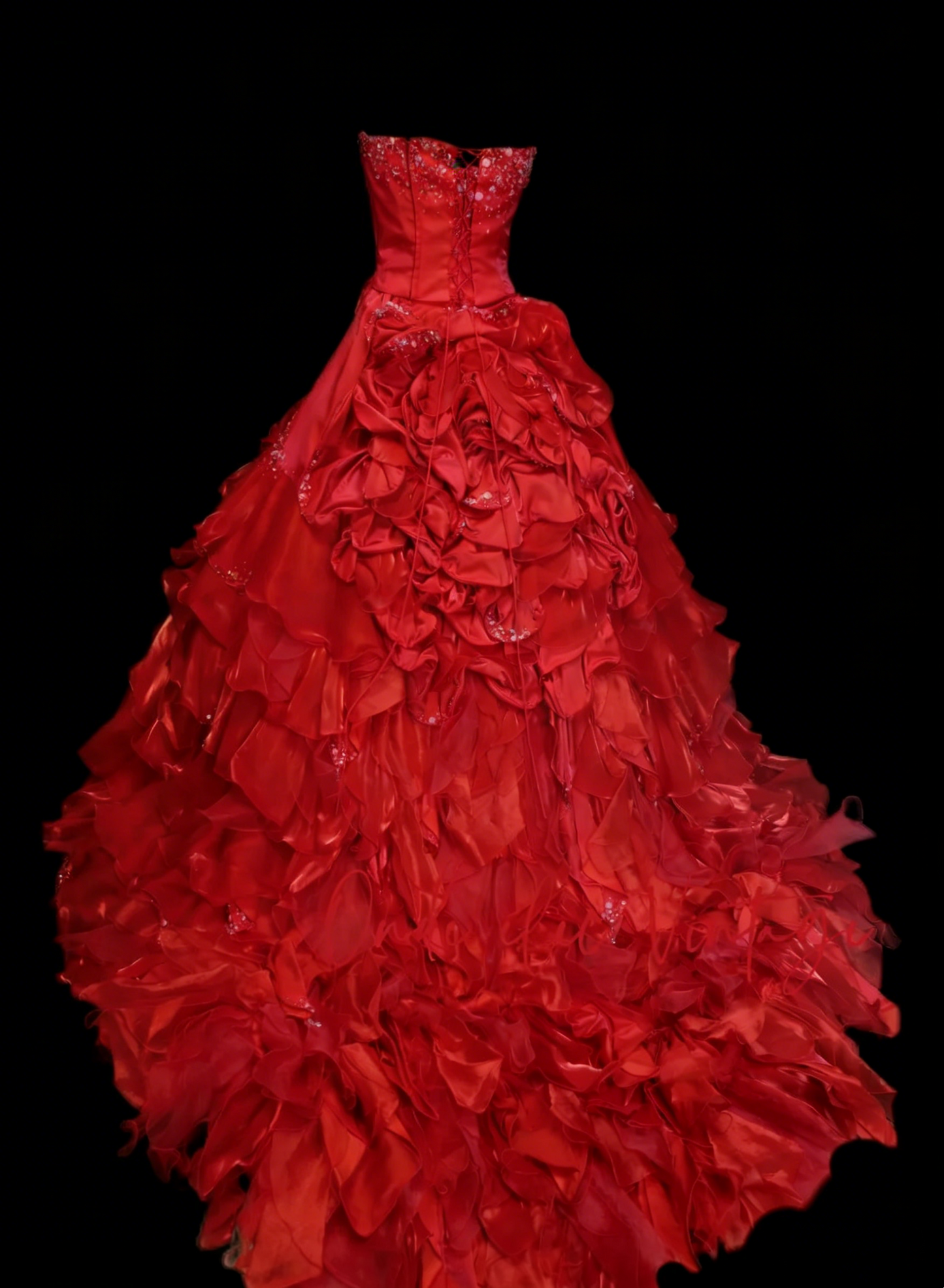 Robe de bal vintage bustier en satin rouge à volants, robe de quinceañera longue (taille 15) - N1446