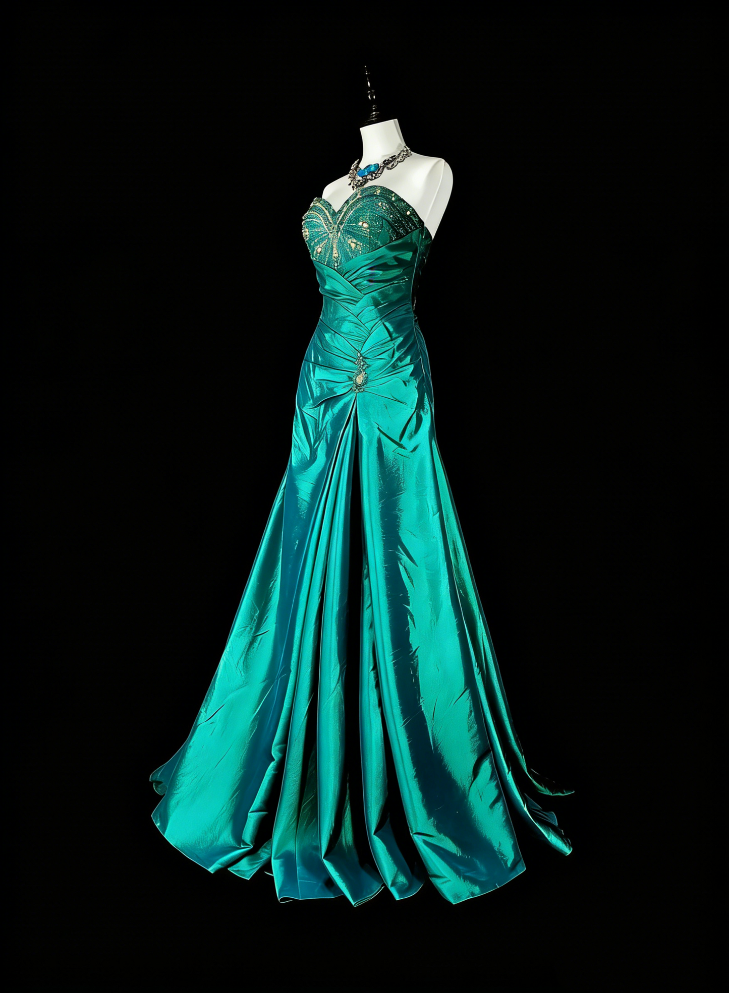 Vintage Meerjungfrauen-Abendkleid, dunkelgrün, 70er Jahre, mit plissierten Perlen, langes Ballkleid, Partykleid N1839