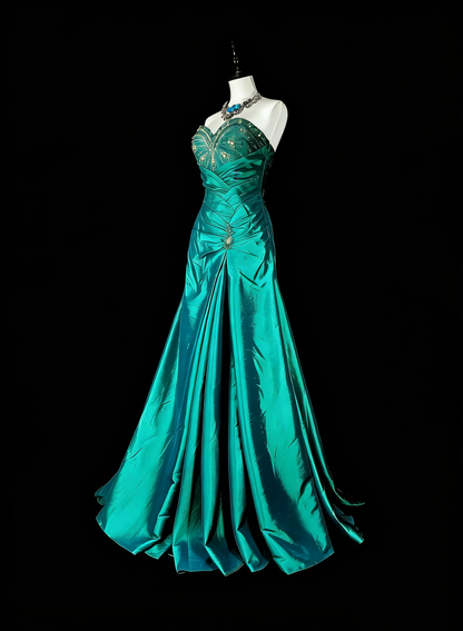 Vintage Meerjungfrauen-Abendkleid, dunkelgrün, 70er Jahre, mit plissierten Perlen, langes Ballkleid, Partykleid N1839