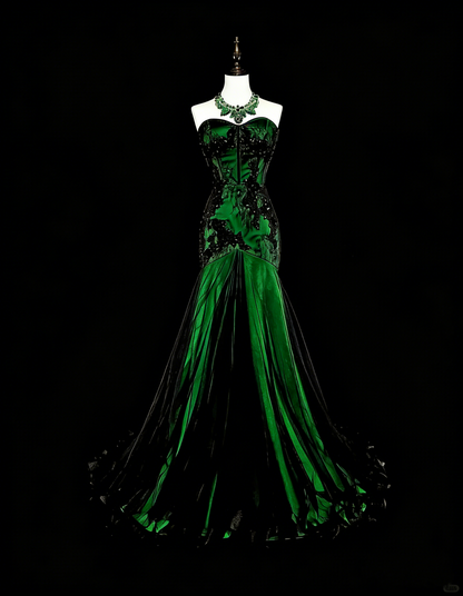 Robe de bal longue vintage années 1760, style sirène, bustier vert avec appliques noires N1606