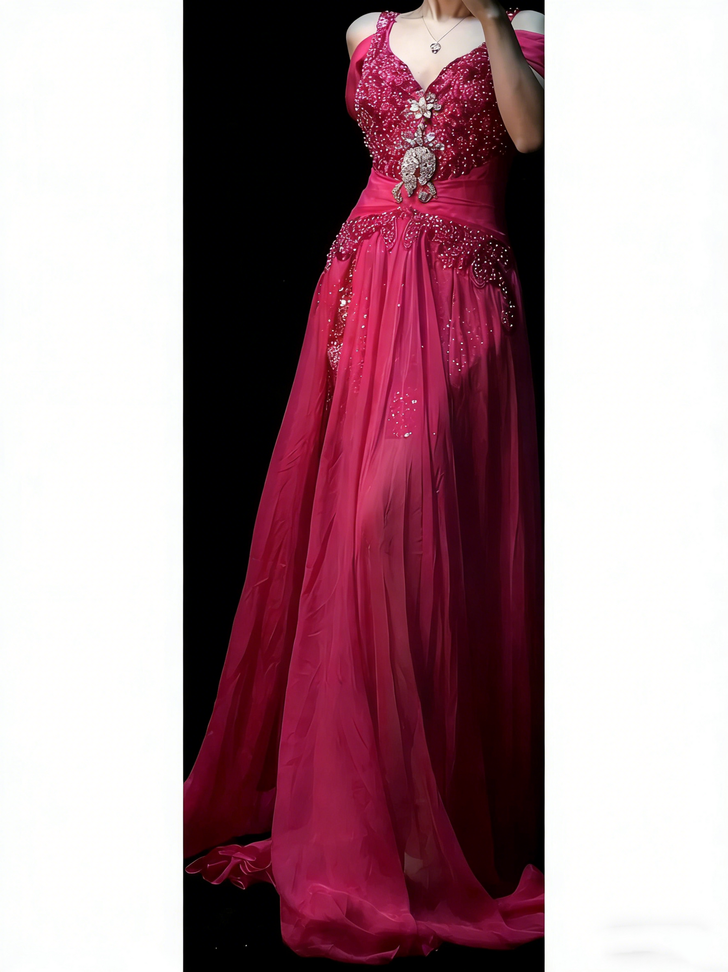 Elegantes Meerjungfrauen-Kleid aus pinkfarbenem Chiffon mit perlenbesetztem Oberteil – langes Ballkleid für Teenager (N1190)