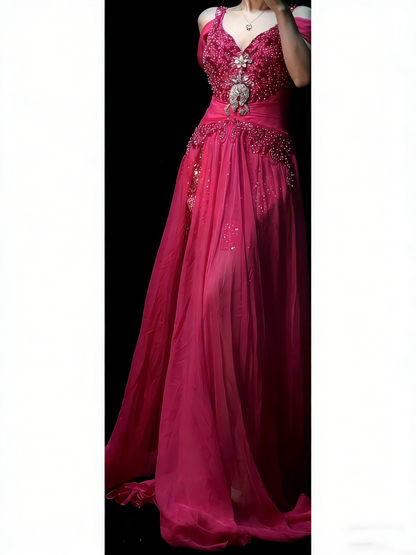 Elegantes Meerjungfrauen-Kleid aus pinkfarbenem Chiffon mit perlenbesetztem Oberteil – langes Ballkleid für Teenager (N1190)