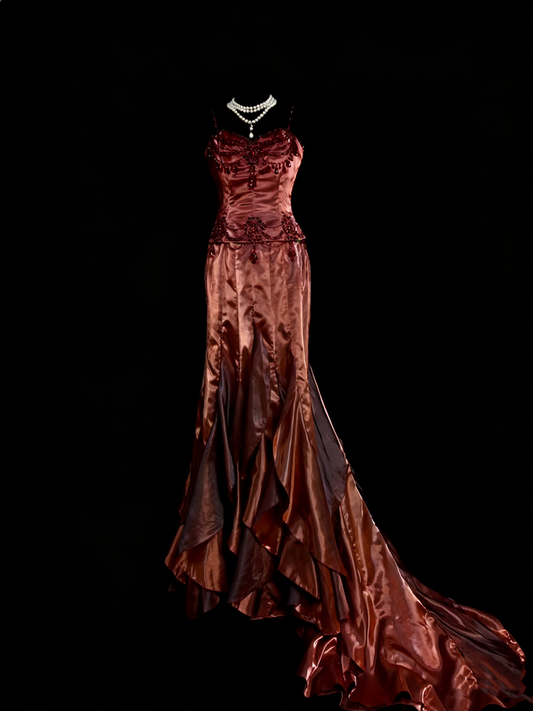 Vintage Mermaid Spaghetti Strap Rest Red Satin Beads Senior Prom dresses High School Long Formal Dresses N1248