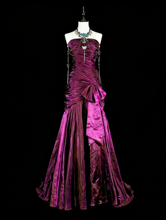 Vintage Prom Dresses Mermaid Strapless Purple Satin With Pleated 1990s Long Formal Gown N2711