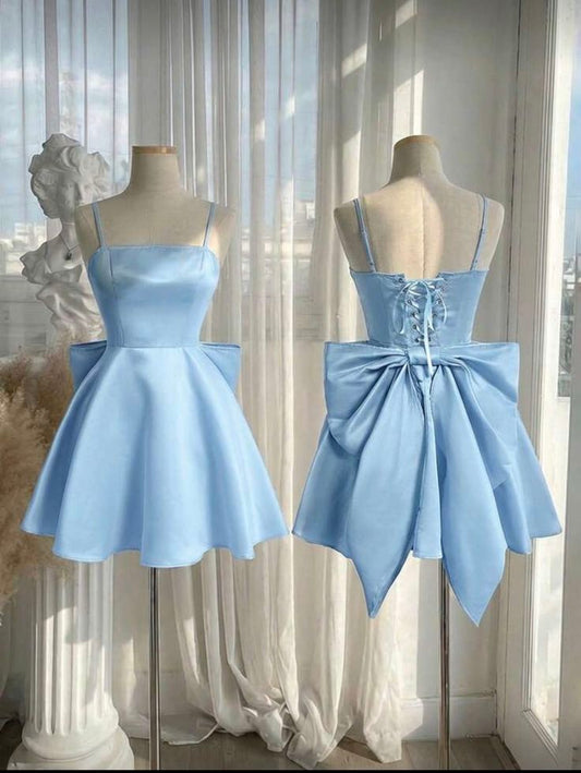 Classy A Line Spaghetti Strap Blue Chiffon Short Mini Party Dress Homecoming Dresses RB4223