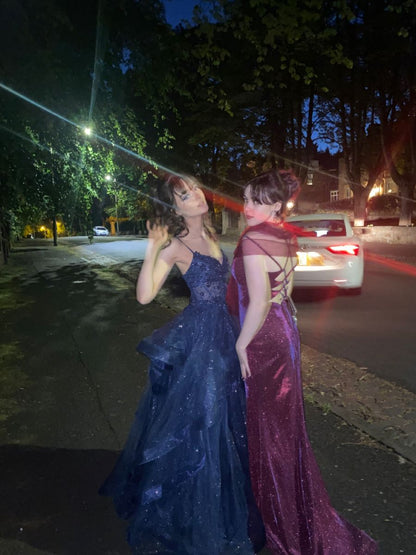 Chic Ball Gown Spaghetti Straps Navy Blue Tulle Long Prom Dresses Inspiration Party Dress Prom Gowns RB1295