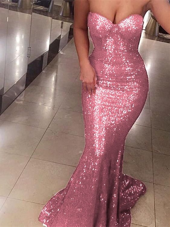 Robe de bal sirène rose à sequins, décolleté cœur, robe longue de soirée, tenue pour 18 ans, robe de remise de diplôme RB1252