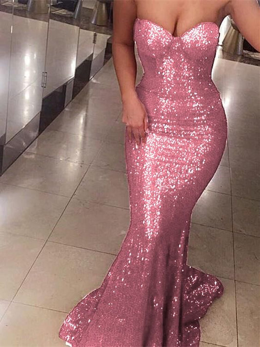 Robe de bal sirène rose à sequins, décolleté cœur, robe longue de soirée, tenue pour 18 ans, robe de remise de diplôme RB1252