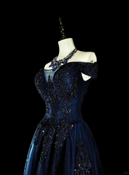 Robe de soirée vintage années 90, coupe trapèze, épaules dénudées, en tulle bleu marine, idéale pour un anniversaire ou un bal de promo (N1752).