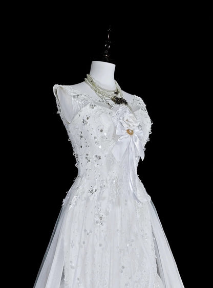 Vintage Abschlussballkleider Ästhetik 1950er Jahre Retro Meerjungfrau Weiß Tüll Spitze Langes Partykleid N2367