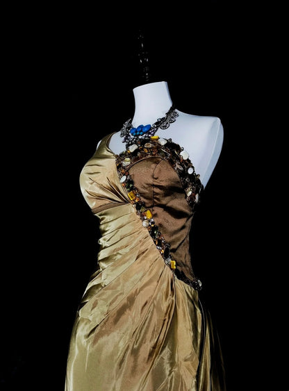 Vintage Ballkleider A-Linie One Shoulder Gelb Satin Mit Perlen Falten Langes Abendkleid N2386
