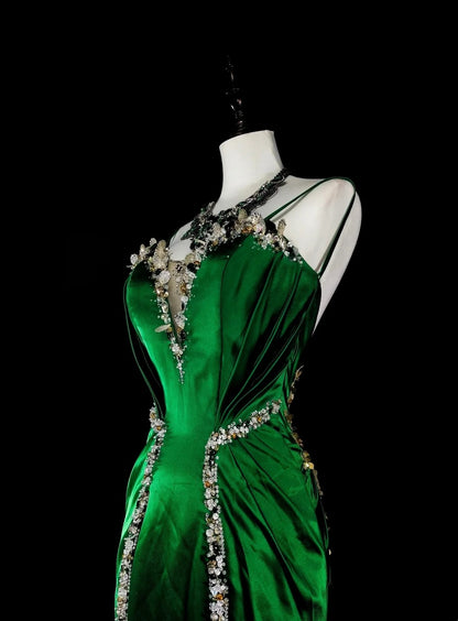Vintage Meerjungfrauen-Kleid mit Spaghettiträgern, grünem Satin, rückenfrei, langes Abendkleid, formelles Kleid für den 18. Geburtstag, Abschlussball, N1750