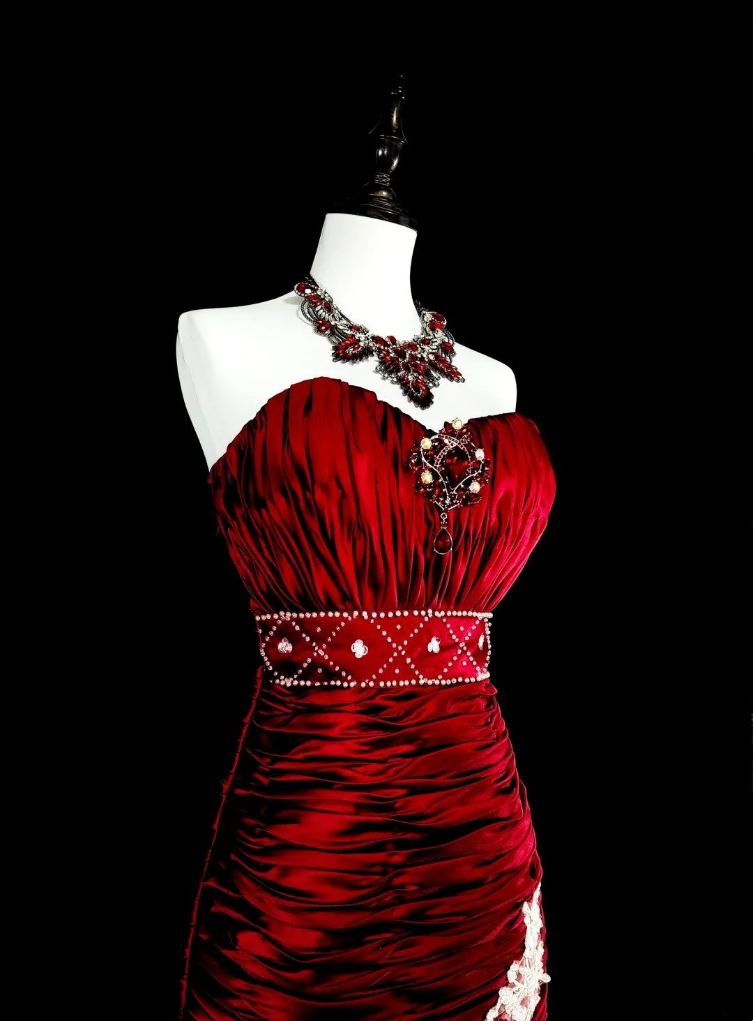 Robes de bal vintage sirène bustier en satin bordeaux avec dentelle blanche longue robe de soirée N2377