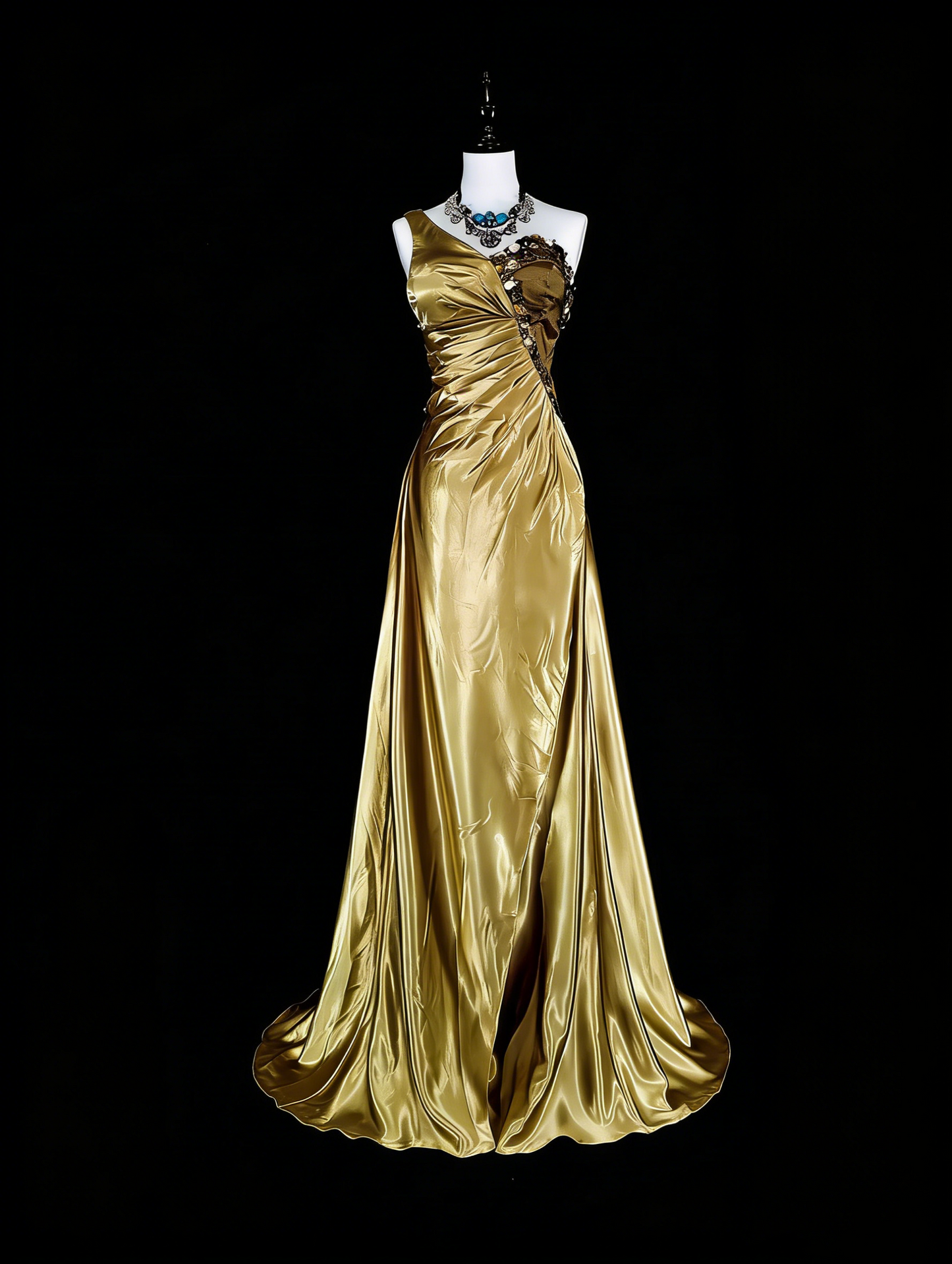 Vintage Ballkleider A-Linie One Shoulder Gelb Satin Mit Perlen Falten Langes Abendkleid N2386