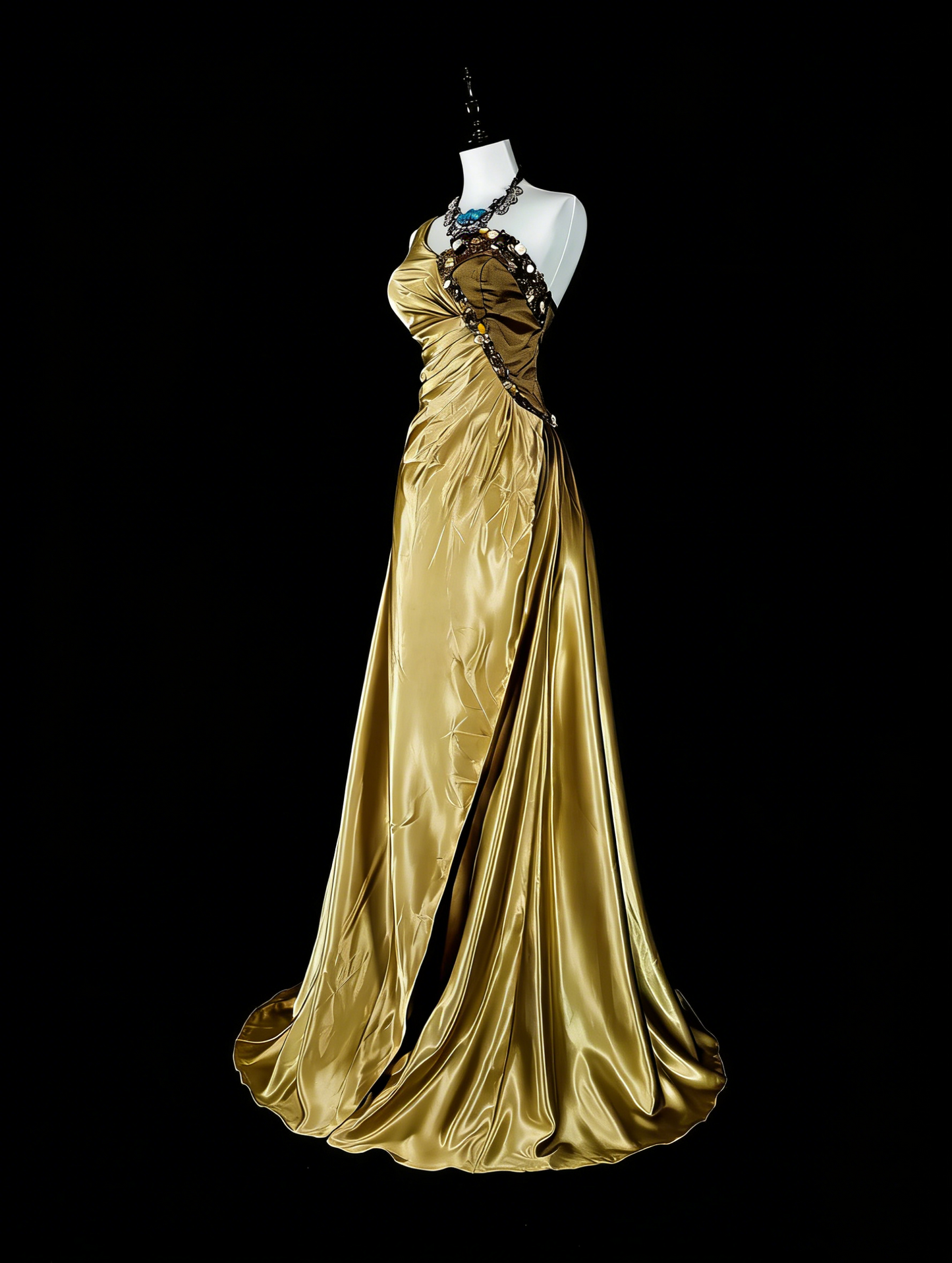 Vintage Ballkleider A-Linie One Shoulder Gelb Satin Mit Perlen Falten Langes Abendkleid N2386