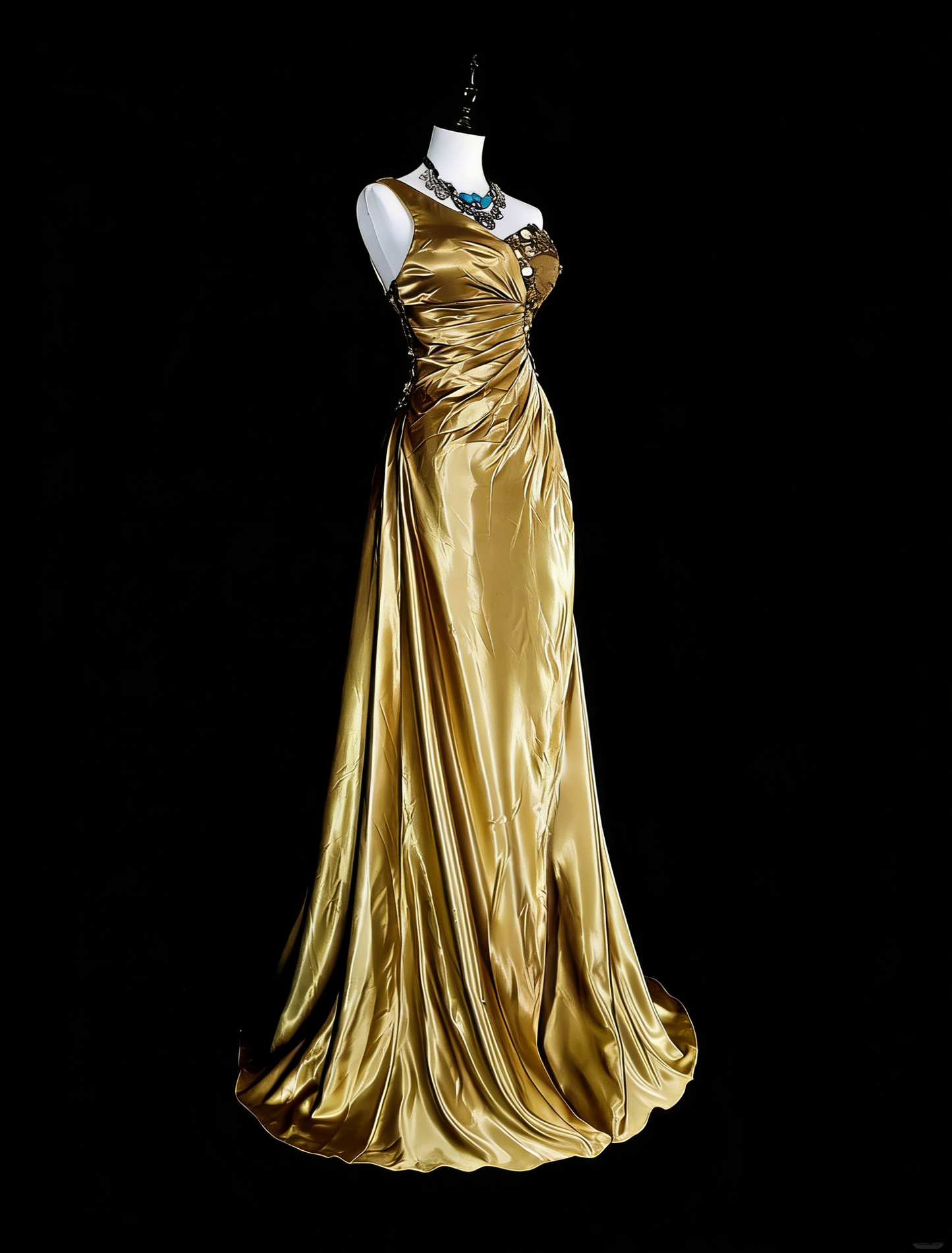 Vintage Ballkleider A-Linie One Shoulder Gelb Satin Mit Perlen Falten Langes Abendkleid N2386