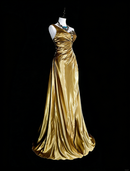 Vintage Ballkleider A-Linie One Shoulder Gelb Satin Mit Perlen Falten Langes Abendkleid N2386