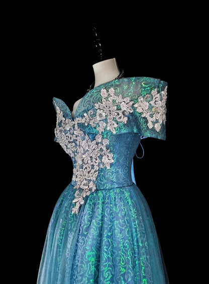 Robes de bal de rêve Esthétique rétro années 80 Épaules dénudées Tulle bleu clair Dentelle Tenues de soirée longues N2364