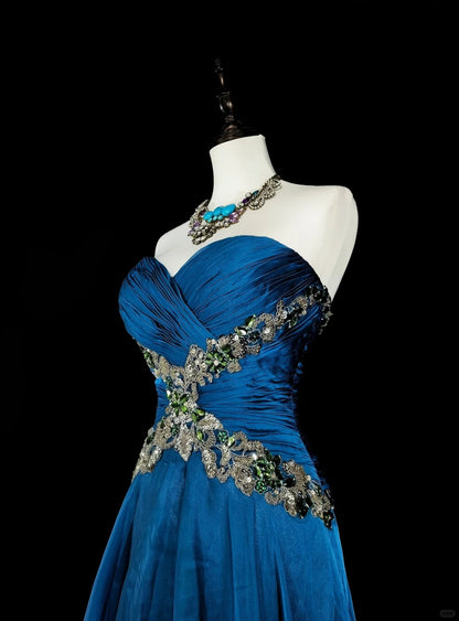 Robe de bal longue vintage en mousseline bleue Sweethart, coupe trapèze, N1824