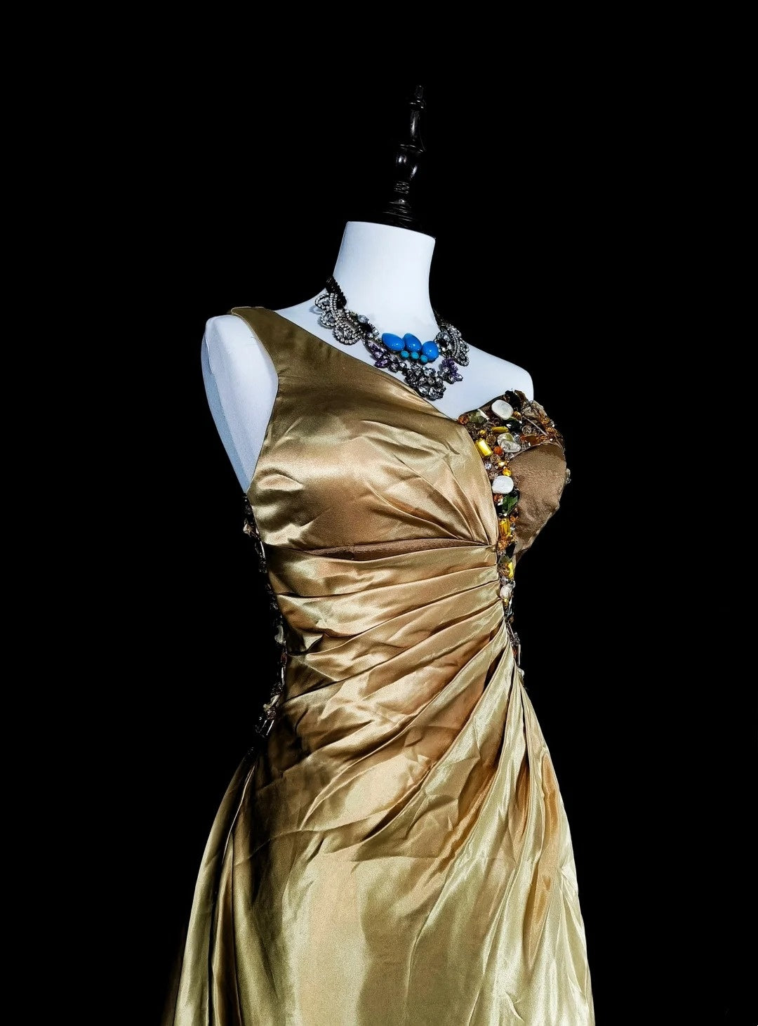 Vintage Ballkleider A-Linie One Shoulder Gelb Satin Mit Perlen Falten Langes Abendkleid N2386