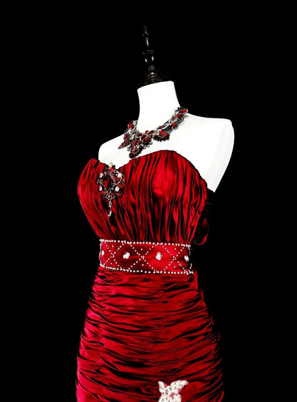 Robes de bal vintage sirène bustier en satin bordeaux avec dentelle blanche longue robe de soirée N2377