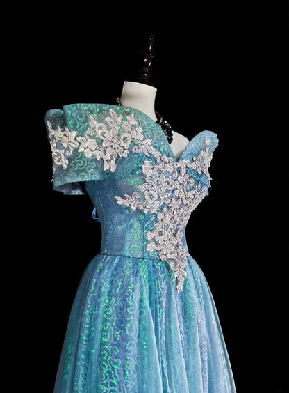 Robes de bal de rêve Esthétique rétro années 80 Épaules dénudées Tulle bleu clair Dentelle Tenues de soirée longues N2364