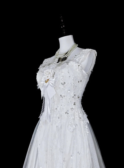 Vintage Abschlussballkleider Ästhetik 1950er Jahre Retro Meerjungfrau Weiß Tüll Spitze Langes Partykleid N2367